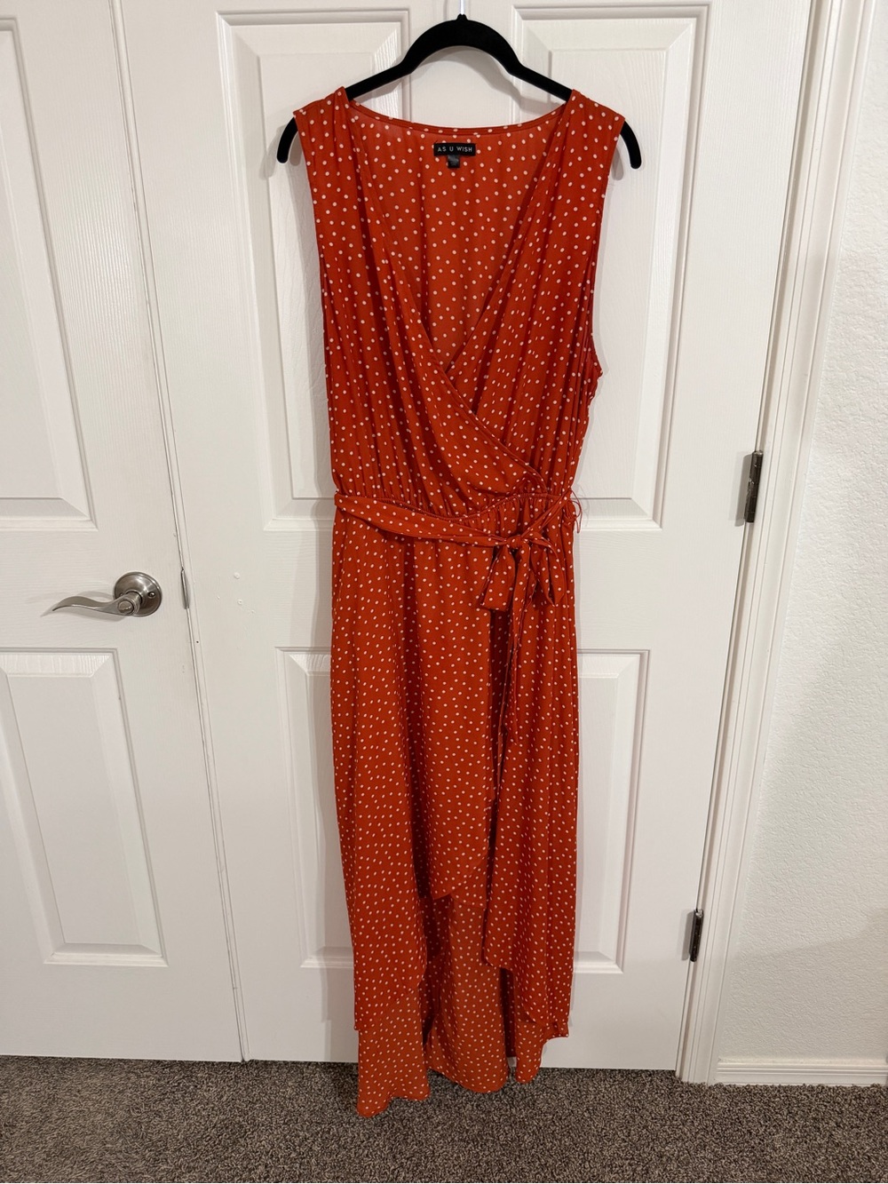 As U Wish XL Rust Polka Dot Faux Wrap Tie Waist High Low Maxi Dress